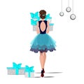 Fashion girl from the back in an evening dress holds many boxes with gifts, New Year and Christmas card