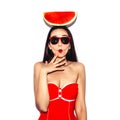 Fashion girl in bikini with watermelon