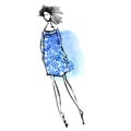 Fashion girl in blue meadow dress concept.