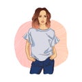 Fashion girl in blue shirt with blue dark jeans. Fashion illustration. Stylish woman in blue colors, pink lips and ombre