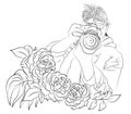 fashion girl with camera and flowers