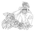 fashion girl with camera and flowers