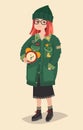 Fashion girl character. Trendy look, street style.Happy young woman and alarm clock