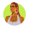 Fashion girl, face avatar. Modern young woman in ring earrings, dreadlocks hairstyle and tatoo. Trendy attractive female