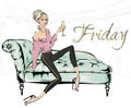 Fashion girl with glass of champagne sitting on sofa in living room. Friday home party, luxury fashion woman, glitter details vect