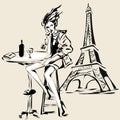 Fashion girl with glass of red wine sitting in cafe near Eiffel Tower Royalty Free Stock Photo