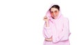 Fashion girl happy smiling in pink hoodie hooded sweatshirt isolated on white