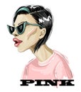 Fashion girl in pink t-shirt and trendy sunglasses. vector illustration.