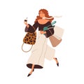 Fashion girl running with shopping bags, purse and coffee cup in hands. Modern young woman hurrying, rushing for sales