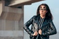 Fashion Girl with Steampunk Flip Up Glasses and Leather Jacket Royalty Free Stock Photo