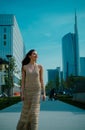 Fashion girl walking on streets. Walk on modern city street. City life. Woman in modern town. Street style vogue. Royalty Free Stock Photo