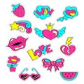 Fashion girlish patch badges with hearts, lips, strawberry, watermelon, sunglasses, star, bow, flower. Stickers in cartoon 80s-90s Royalty Free Stock Photo