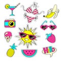 Fashion girlish patch badges with strawberry, watermelon, sunglasses, ice cream, camera, sun, banana, swimsuit, pineapple, cocktai