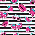 Fashion girlish seamless pattern with hearts, lips, strawberry, watermelon, sunglasses, bow. Striped background in cartoon 80s-90s Royalty Free Stock Photo