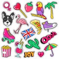 Fashion Girls Badges, Patches, Stickers - Flamingo Bird, Pizza Parrot and Heart in Comic Style Royalty Free Stock Photo