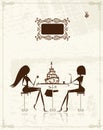 Fashion girls in cafe, illustration