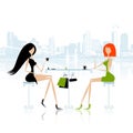 Fashion girls in cafe on the street Royalty Free Stock Photo