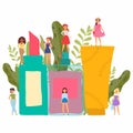 Fashion girls and cosmetics in giant bottles, jars, tubes for skin care, beauty, tiny people, exotic leaves flat cartoon