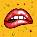 Fashion girls lips with red lipstick in cartoon pop art style patch badges, cool retro collection sticker vector Royalty Free Stock Photo