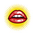 Fashion girls lips with red lipstick in cartoon pop art style patch badges, cool retro collection sticker vector Royalty Free Stock Photo