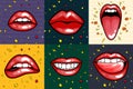 Fashion girls lips with red lipstick in cartoon pop art style patch badges, cool retro collection sticker vector Royalty Free Stock Photo