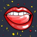 Fashion girls lips with red lipstick in cartoon pop art style patch badges, cool retro collection sticker vector Royalty Free Stock Photo