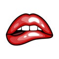 Fashion girls lips with red lipstick in cartoon pop art style patch badges, cool retro collection sticker vector Royalty Free Stock Photo