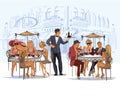 Fashion girls and men in the street cafe. Royalty Free Stock Photo