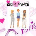 Fashion girls power cartoon vector illustration. Young caucasian girls in fashion cloths on paris and hearts vintage Royalty Free Stock Photo