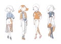 Fashion girls set. Hand drawn creative illustration with lovely color girls in casual clothes with bags, shoes. on