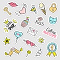 Fashion girly stickers set. Collection of hand drawn fancy doodle pins, badges. Royalty Free Stock Photo