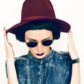 Fashion glamorous lady in a vintage hat and glasses Royalty Free Stock Photo