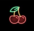 Fashion glow neon light cherry vector flat illustration. Bright berry with leaves sign illuminating isolated on black