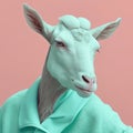 Fashion goat in shirt. Mint green on pink portrait. Generative AI