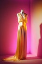 Fashion gold evening gown, maxi dress on dummy. Generative AI