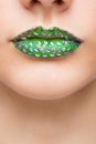 Fashion Green Lips and Closeup. Make up