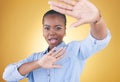 Fashion, hands frame and portrait of black woman in studio for confident, style or beauty. Photography, perspective and