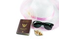 Fashion hats pink and sunglasses with conch and passport t