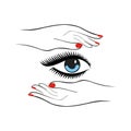 Fashion or health care concept. Female hands with red manicure protect women eye with long lashes. Vector illustration