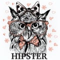 Fashion hipster background with stylish animal owl girl in pink