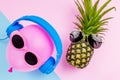 Fashion Hipster Pineapple and pink air balloon on pink color background, Bright Summer Color, Tropical Fruit with