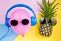 Fashion Hipster Pineapple and pink air balloon on colorful background, Bright Summer Color, Tropical Fruit with Royalty Free Stock Photo