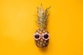 Fashion Hipster Pineapple in Sunglasses. Bright Summer Color. Tropical Fruit. Creative Art concept. Minimal style Hot Beach Party