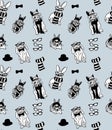 Fashion hipster rabbits cute pets grayscale seamless pattern Royalty Free Stock Photo