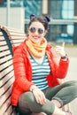 Fashion hipster woman with colorful hair showing thumbs up Royalty Free Stock Photo