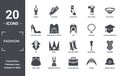 fashion icon set. include creative elements as hazmat, belt pouch, accesory, high heel boots, femenine trakcsuit, tux filled icons