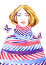 Fashion illustration, beautiful girl in striped warm clothing and butterflies