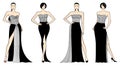 Fashion illustration of beautiful women in elegant evening attire, in black color, outline