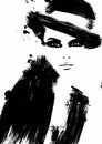 Fashion illustration black and white. Fashion sketch. Abstract painting Woman. Fashion background. Girl with hat. Smokey eye face.