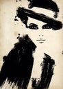 Fashion Illustration Black And White. Fashion Sketch. Abstract Painting Woman. Fashion Background. Girl With Hat. Smokey Eye Face.
